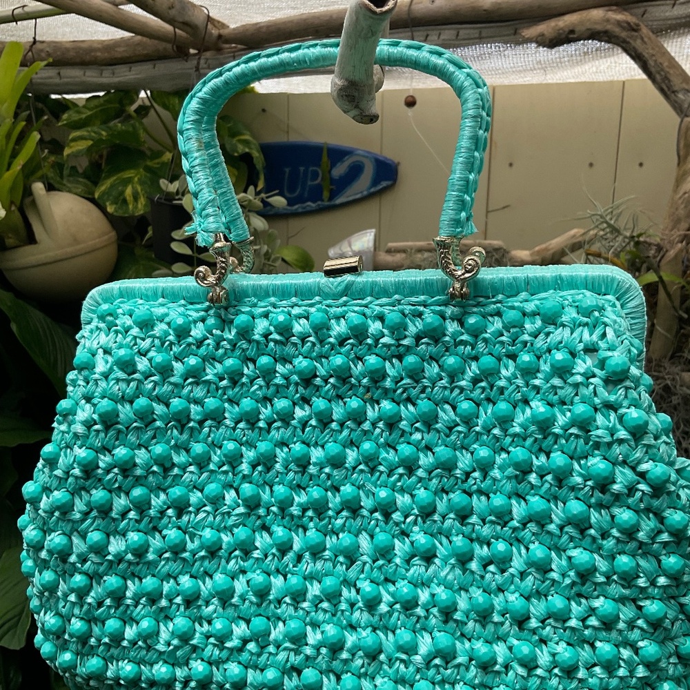 VTG Dayne Taylor Teal Colored Beaded Straw Purse From 60’s